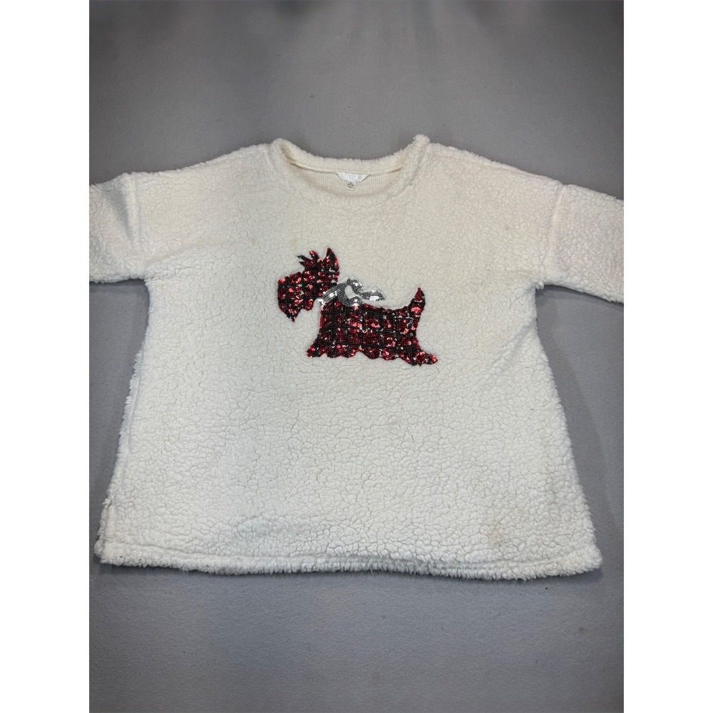 Time and Tru Winter White Sherpa Fleece Sequin Scottie Dog Sweatshirt XL 16-18